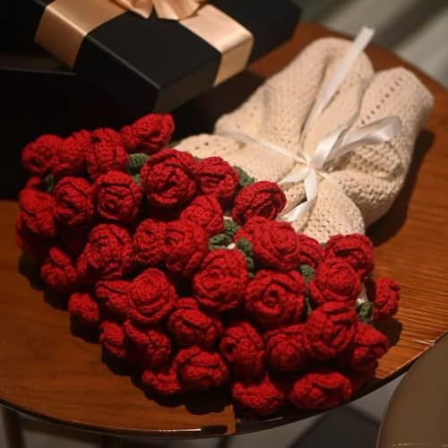 Gonoce Crochet Flower Bouquet Throw Blanket, 43'' Handmade Knitted Blanket with Sunflower, Cute Romantic Gift for Her Girlfriend Mom Mother???s Day Valentine Wedding Anniversary Birthday, Red