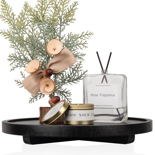 "Round Decorative Tray Wood Bathroom Counter Organizer Farmhouse Kitchen Decor Wooden Riser for Soap Dish, Perfume, Candle, Sponge, 12"" - Black"