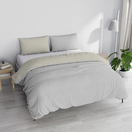 Italian Bed Linen Duvet Cover Set ???Natural Colour??? with Doubleface Solid Colour Bag Sheet and Pillowcase, Light Gray/Cream, Single, Double