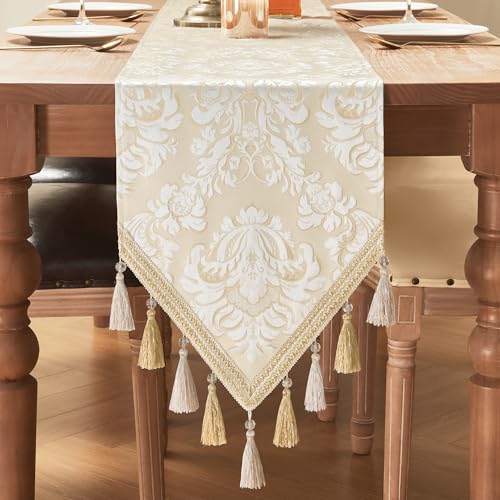 Loom and Mill Elegant Jacquard Table Runner 90 inches Long, Luxury Floral Table Runners with Handmade Multi-Tassels for Dining Room Dresser Party Holiday Banquet Decoration (Beige+White,13x90 inch)