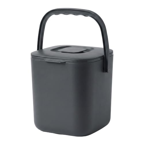 SONGMICS 4 Litre Kitchen Compost Bin, Odour-Proof Indoor Food Waste Caddy - Textured Non-Slip Handle, Strainer Basket with Handle, Lightweight 360g, Easy-Clean PP Surface, Dark Grey, LTB214GZ01