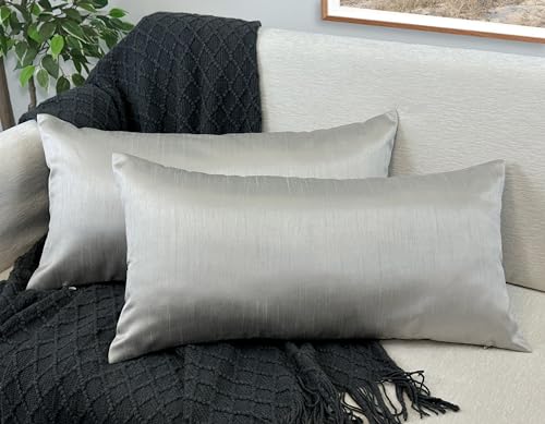 Aiking Home 12x24 Inches Faux Silk Rectangular Throw Pillow Cover, Zipper Closure, Silver (Set of 2)