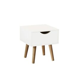 Home Source Bedside Cabinet 1 Drawer White Lamp Side Table, Solid Wood Legs, Scandi Style