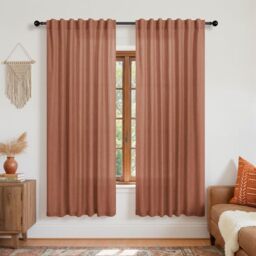 KOUFALL Terra Cotta Curtains 63 Inch Length for Bedroom,Sheer Linen MCM Boho Abstract Mid Century Modern Curtains for Living Room,Rust Terracotta