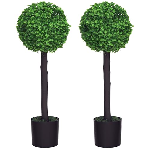 HOMCOM Set of 2 Decorative Artificial Trees, Topiary Ball-shaped Boxwood Trees in Pot, Fake Plants for Home Indoor outdoor Decor, 60cm, 1 Tree Balls