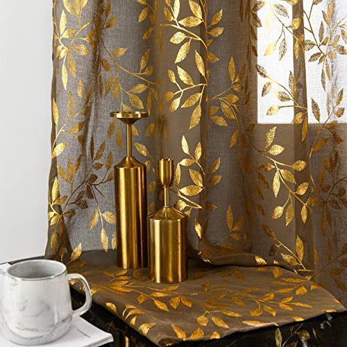 "WLRAPSKY Taupe Sheer Curtains 96 Inches Long 2 Panels Set,Gold Foil Print Metallic Bronzing Leaves, Privacy Window Treatment Decor Drape Pair for Christmas Bedroom Kitchen Living Room 52"" W x 96"" L"