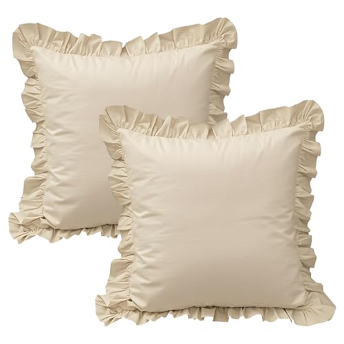 "QSH Wheat Ruffled Euro Pillow Shams Set of 2, Shabby Boho Chic Farmhouse Euro Pillow Covers Vintage Ultra Soft and Breathable Microfiber Pillowcases 26""x26"" for Bedroom"