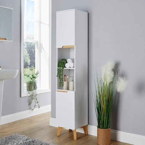 Home Source- Florence 160cm Tall Bathroom Cabinet – White, Soft Close Door, 6-Shelves with 2-Open Shelf,Versatile Cupboard for Bathroom or Hallway, Narrow Bathroom Storage Unit 30x30x160cm