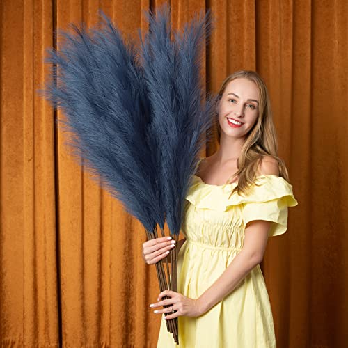 EVODIS Faux Pampas Grass 6 Stems, Artificial Pampas Grass - 43 inch Total Extra Large Pompass Grass Tall Pompous Boho Flower Arrangement and Floor Vase Filler Home Decor for Room Wedding Party (Blue)