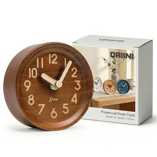 Driini Wooden Analog Desktop Clock – 4.3 in. Decorative Pinewood Clock, No-Tick Design – Easy to Read Silent Sweep Mantle Clock – Quiet Tabletop Clocks with Wood Body, Hands, & Battery Cover Dark
