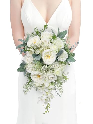 "Rinlong 10.6"" Wide White Sage Artificial Cascading Wedding Bouquets for Bride Cascade Bridal Bouquet for Wedding Silk Flowers"