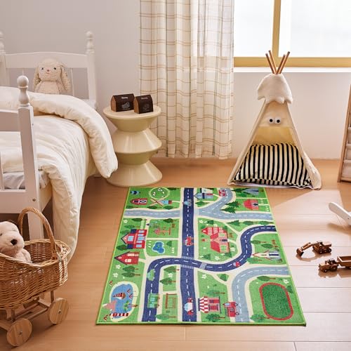 Sonive Car Tour Kids Rug Girls & Boys Soft Non-Slip Area Rug Washable Floor Carpet for Bedroom, Living Room, Playroom 80x150 cm