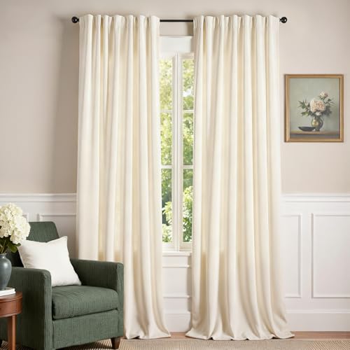 Lazzzy Velvet Ivory Extra Long Curtains 108 Inches Long Thermal Insulated Drapes for Bedroom Living Room Light Filtering Cream Window Treatments Back Tab 2 Panels