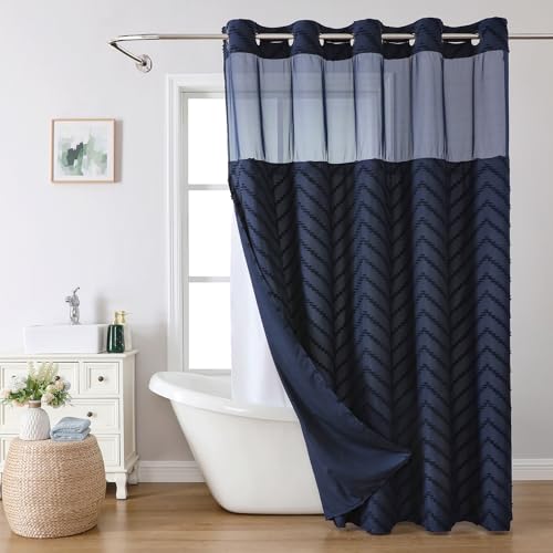 eachope No Hook Tufted Chevron Striped Shower Curtain with Snap-in Fabric Liner set-71Wx74H(72H),Navy Blue Hotel Grade Boho Style Shower Curtain with See Through Top Window,Water Repellent
