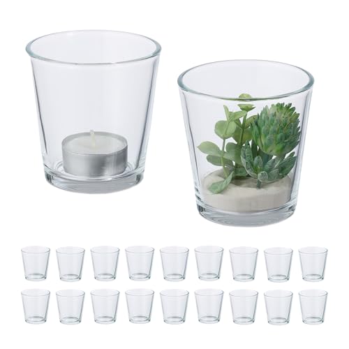 Relaxdays Tealight Holders, Set of 20, Glass Candle Jars, Votive, HWD: 7.5 x 7.5 x 7.5 cm, Decorative Light, Transparent