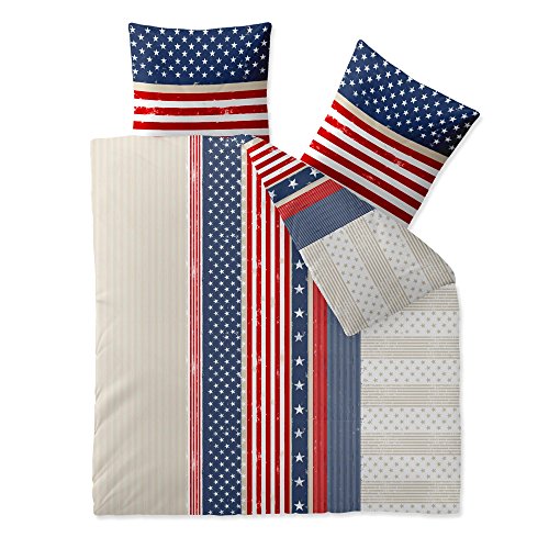 CelinaTex Fashion Bed Linen 200 x 220 cm 3-Piece Cotton Bedding Set for Summer and Winter, All Year Round, Duvet Cover, Bed Set, Schöner Wohnen America Stars Stripes White Blue Red