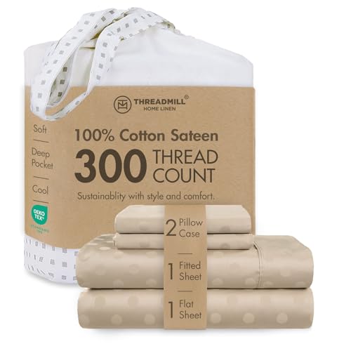 Threadmill Home Linen Queen Sheets - Pure Long Staple Cotton, Polka Dot Jacquard Weave, 4 Piece 300 Thread Count Bedding Set, Breathable Beige Sheets with Elasticized Deep Pocket