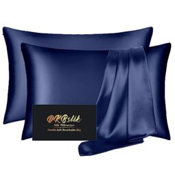 Silk Pillow Cases 2 Pack, Mulberry Silk Pillowcases Standard Set of 2, Smooth, Anti Acne, Beauty Sleep, Both Sides Natural Silk Satin Pillow Cases for Women 2 Pack with Zipper for Gift, Navy Blue