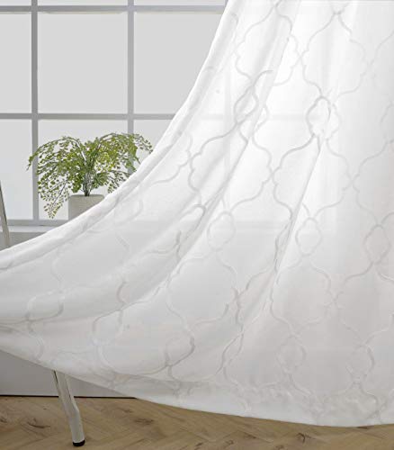 MIUCO Moroccan Embroidered Semi Sheer Curtains Polyester Grommet Window Curtains for Bedroom Living Room 95 Inches Long 2 Panels, Pure White