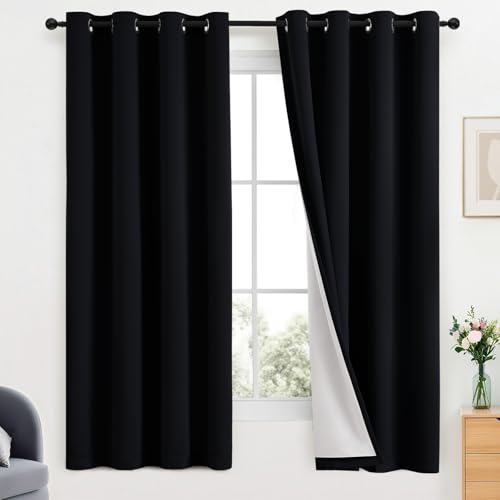 Yakamok 100% Blackout Curtains Black Room Darkening Thermal Insulated Window Curtain with 2 Thick Layers-Set of 2 Panels Grommet Top Drapes for Bedroom Living Room 52 Inches by 63 Inches Length