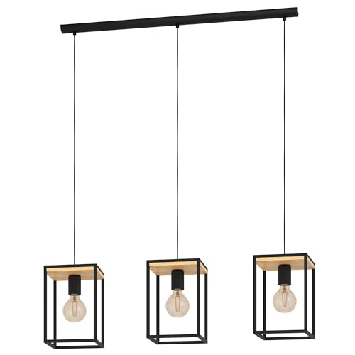 Eglo Pendant Lighting Libertad, 3 Bulb Ceiling Light Fitting, Hanging lamp for Dining Room Made of Black Metal and Natural Wood, E27 Socket