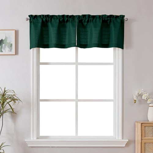 Chyhomenyc Christmas Hunter Green Faux Linen Slub TextuHunter Green Small Window Kitchen Valance Curtain, Rod Pocket Cafe Valance for Bathroom Laundry Basement, 30Wx14L inch, 2 Piece