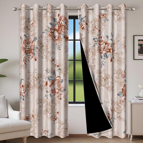 Baocicco Blackout Floral Curtains for Bedroom, 45 inch Long Printed Flower Black Out Curtains, French Country Window Treatment Farmhouse Drapes Set 2 Panels Brown 21Wx45L
