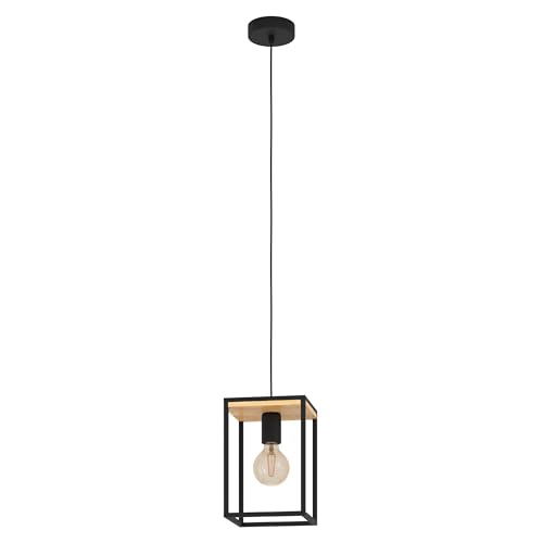Eglo Pendant Lighting Libertad, Ceiling Light Fitting Made of Black Metal and Natural Wood, Hanging lamp for Dining and Living Room, E27 Socket