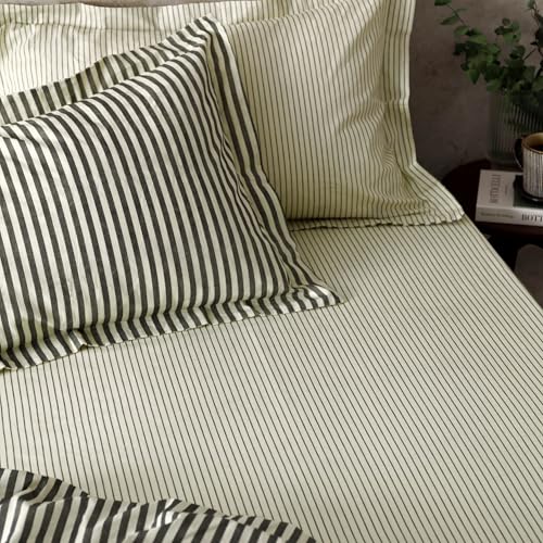 Yard Hebden Narrow Stripe Fitted Sheet – Ultra Soft 100% Cotton Striped Bed Sheet (Black – Double – 137x190x32cm)