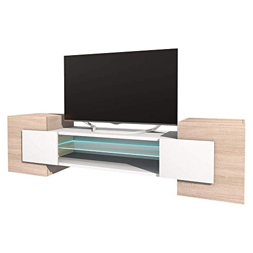 SELSEY Gaelin - TV Stand/Modern Entertainment Unit/Living Room TV Cabinet with Storage (160 cm) (With LED, Oak/White)