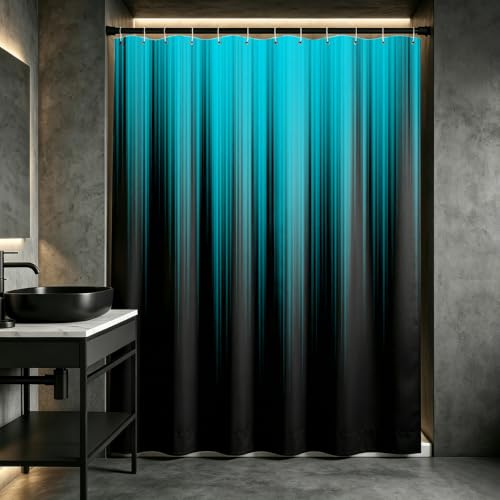 AAtter Teal and Black Shower Curtain, Modern Ombre, 72x72 Inch, 12 Hooks - Turquoise Striped Polyester Fabric, Dark Abstract Trendy Style, Cool Anime Design, Standard Bathroom Decor for Men