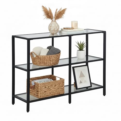Relaxdays console table, HxWxD: 73 x 100 x 30 cm, metal, glass, narrow console for hallway, 3-shelf hallway table, black
