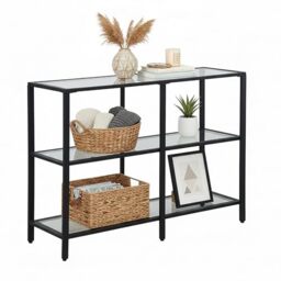 Relaxdays console table, HxWxD: 73 x 100 x 30 cm, metal, glass, narrow console for hallway, 3-shelf hallway table, black