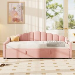 Ball & Cast 3ft Single Daybed with Pull out Trundle Bed&Charging Station&Storage, Functional Upholstered Bed Frame with Wooden Slats, Velvet Sofa Beds Guest Beds for Living Room&Bedroom, Pink