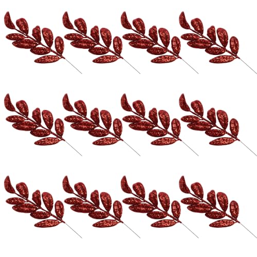 Red Glitter Christmas Tree Picks Sprays, 35cm Artificial Leaf Stems, 12Pcs