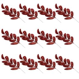 Red Glitter Christmas Tree Picks Sprays, 35cm Artificial Leaf Stems, 12Pcs