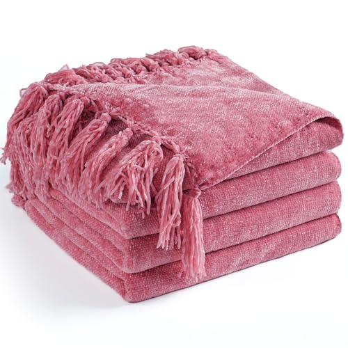 "LONG CREATE Chenille Throw Blanket for Couch 50""X 60"", Soft Cozy Throws with Fringe Tassel for Bed Sofa Chair Cover, Lightweight Knitted Decorative Boho Blankets for Living Room, Rose Pink"