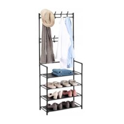 Relaxdays Coat Rack with 4 Shoe Shelves, 2 Hook Rails, Steel, Black, 150.5 x 59.5 x 25 cm