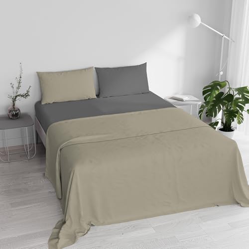 Double Bed Sheet Set, 100% Natural Cotton, Made in Italy – Complete Bed Set, Fitted Sheet, Top Sheet 240 x 300 cm and Pillowcases with Inner Flap, Taupe/Dark Grey