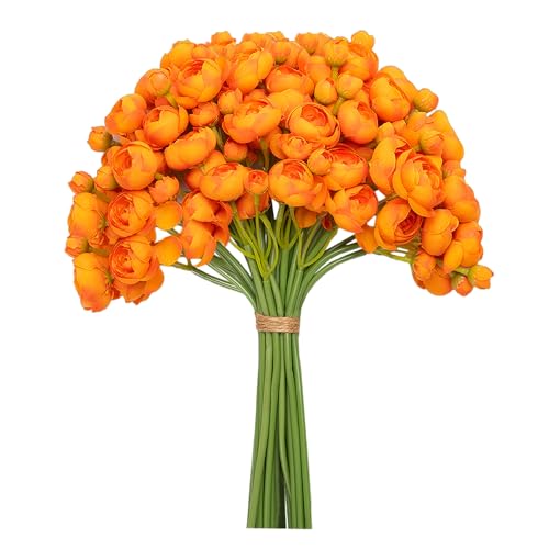 Meldel Ranunculus Artificial Flower 32 Pcs Set, Orange Faux Silk Mini Ranunculus Flowers for DIY Bouquet, Bulk Fake Wedding Filler Flowers for Centerpieces Arrangements Bridal Shower Decorations