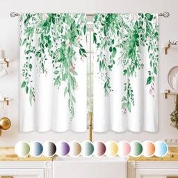 oolygoo Emerald Teal Eucalyptus Botanical Leaves Floral Kitchen Window Curtains Over Sink Farmhouse Flower Spring Small Treatment Cafe Short Curtains for Bathroom Treatment Tier Drapes 27.5x39 inch