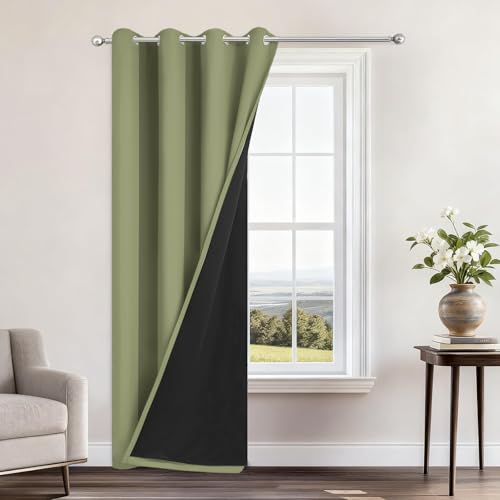 "Yakamok Sage Blackout Curtains 96 Inches Long for Bedroom 52"" Wide 1 Panel - Blackout Curtain Panels for Bedroom, 2 Thick Layers Grommet Top Thermal Insulated Drapes with Black Liner for Living Room"