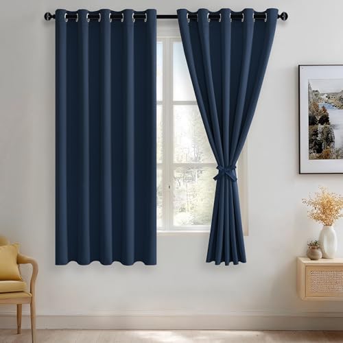 JIUZHEN Navy Blackout Curtains with Tiebacks - Thermal Insulated, Light Blocking and Noise Reducing Grommet Curtains for Bedroom and Living Room, Set of 2 Window Curtain Panels, 60 x 63 Inch Length