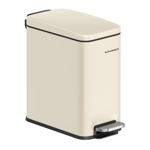 SONGMICS Bathroom Bin, 1.3 Gallon (5 L) Small Bin with Lid, Pedal Toilet Bin, Slim for Small Spaces, Steel, Soft Close, Summer Sand LTB560A01
