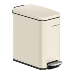 SONGMICS Bathroom Bin, 1.3 Gallon (5 L) Small Bin with Lid, Pedal Toilet Bin, Slim for Small Spaces, Steel, Soft Close, Summer Sand LTB560A01