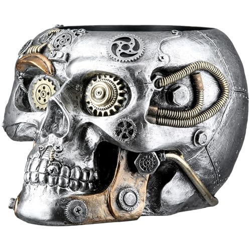 GILDE Steampunk Skull Planter - Resin - Height 14 cm x Width 18 cm - Silver - Antique Finish - Gears Motif - Skull