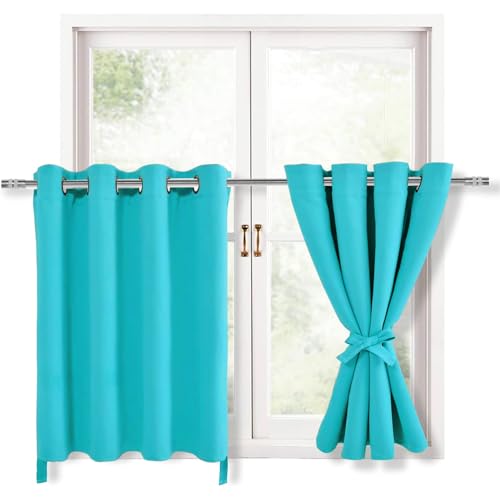 Hiasan RV Blackout Curtains for Bedroom, 52 x 30 Inches Long - Thermal Insulated & Light Blocking Window Curtains for Living Room, 2 Drape Panels Sewn with Tiebacks, Turquoise