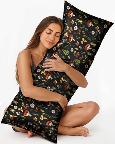 Miss Adola Body Pillow Cover with Zipper - 20x54 Inch Long Silk Pillowcase for Women Ladies Adults Soft Decorative Bed Large Cute Body Pillow Sham for Hair and Skin, Mushroom Plants