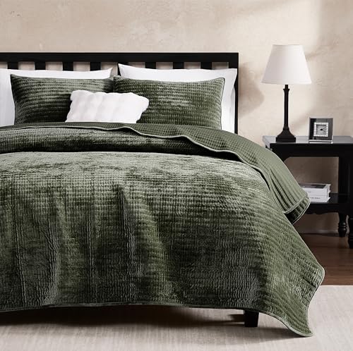 WDCOZY Velvet King Size Quilt Set - Olive Green Striped Pick Stitch Soft Lightweight Bedspread, Channel Farmhouse Country Rustic Coverlet, Modern Bedding Warm Thin Comforter, 3 Pieces