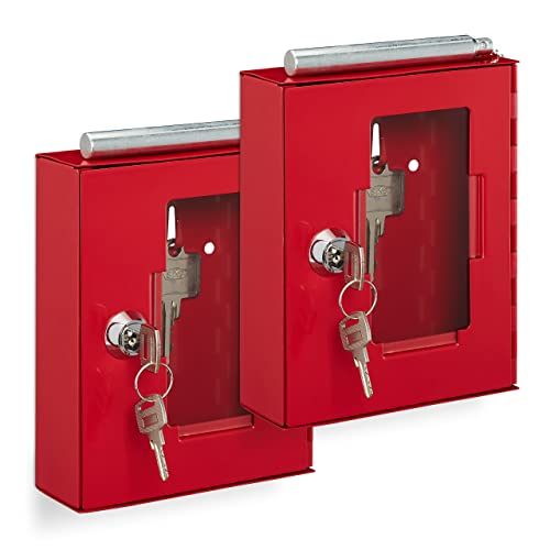 Relaxdays Emergency Key Box, Set of 2, with Glass Pane, Hammer, Lockable, Metal, Household, Practical, Helpful, Red